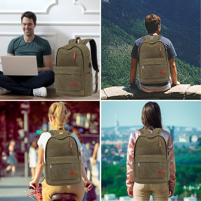 Canvas Laptop Backpack, Waterproof School Backpack With USB Charging College - color: Green