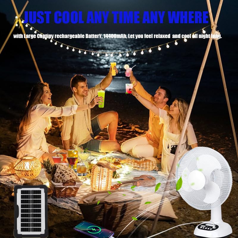 14400mAh Rechargeable Solar Powered Fan, AC DC Portable Camping PowerBank Fan ,12 Inch Oscillating Tabletop Fan with Led Night Light for Home Office Outdoor Camping Tent Traving