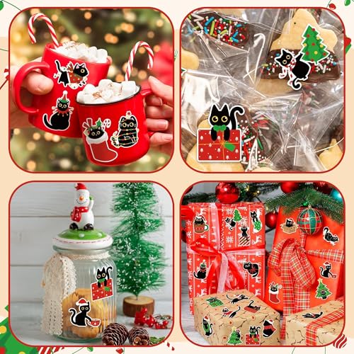 CNhoqc Christmas Black Cat Stickers - 2000 Pcs (4 Rolls) Vibrant Christmas Cat Stickers Santa Hat Tree String Light Waterproof Vinyl Decals Gift Wrapping Laptop Party Supplies Travel Case Skateboards - style: Christmas Black Cat 4-Rolls