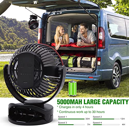 5.5Inch Rechargeable RV Cooling Fan Light with 4 Speeds, 5000mAh Battery Desk Fan, Rotatable Clip On Desk/Wall-Mount Fan, for Home Office RV&Travel - color: Red and Black