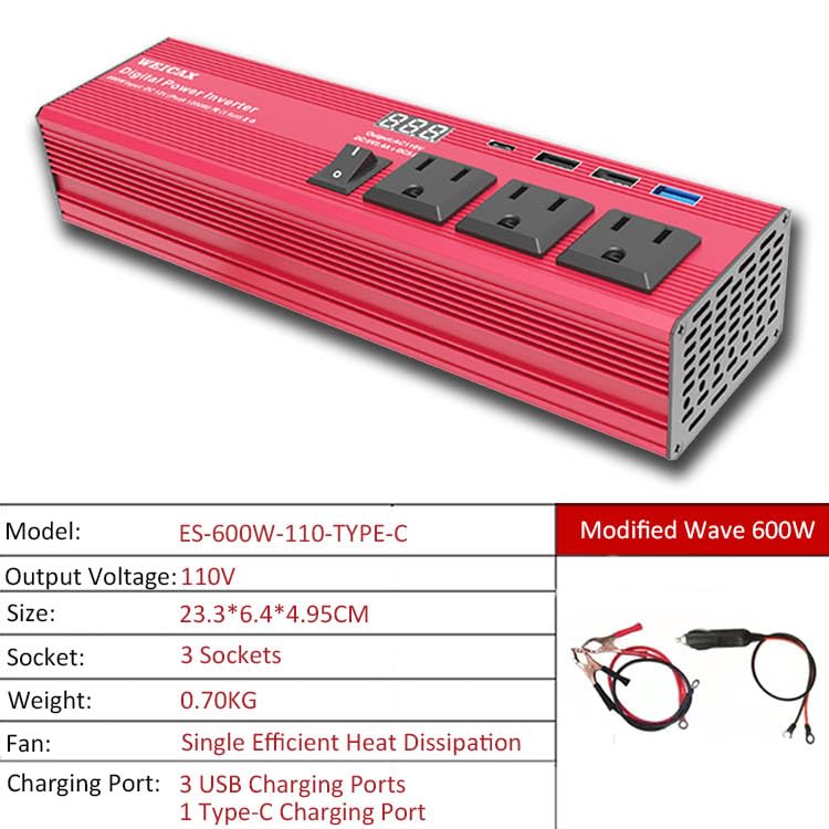 HearGrow 600W Modified Sine Wave Car Power Inverter 12 Volt Power Inverter to 110V Car Charger Converter 4 USB Ports + 3 AC Outlet for Car Appliances, Outdoor Camping, Emergency Backup