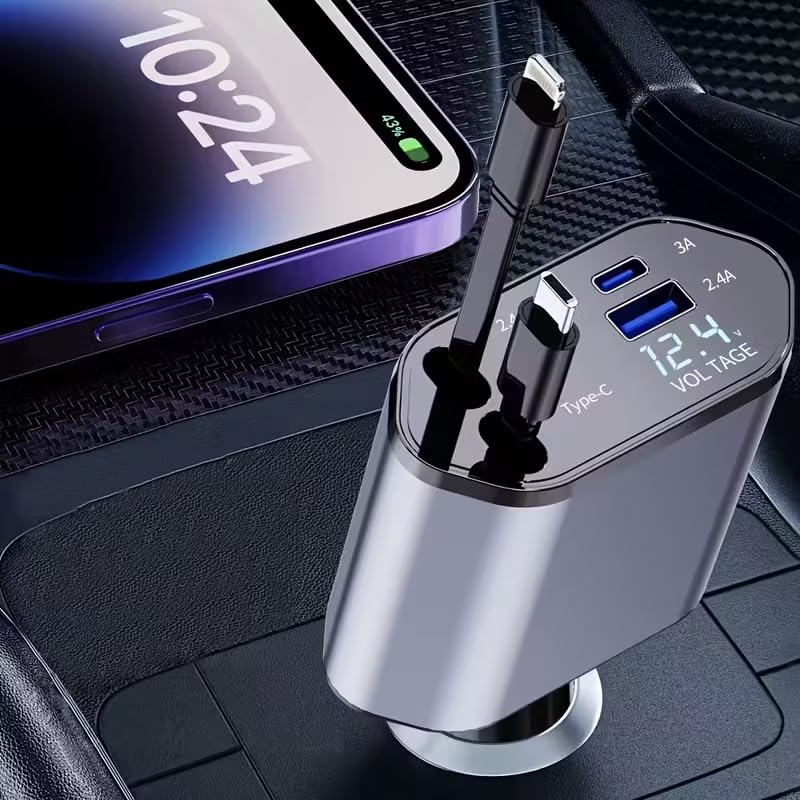 1Pc 120W 4-in-1 Telescopic Car Charger with 180° Rotating Base, 2.6 Feet (79.25Cm) Multi-Protocol Transmission Cable (PD, QC3.0), USB Type-C, Fast Charging Adapter Compatible with iPhone and Andorid