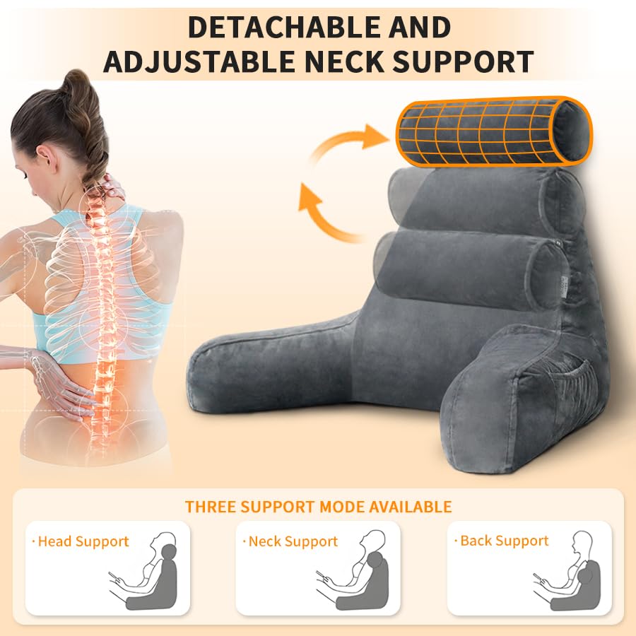 Reading Pillow for Adults Sitting‑Up in Bed, Backrest with Arms | Detachable Neck‑Cushion; Shredded Memory‑Foam; Side Pockets; Washable Velvet Cover; Gaming & TV, Sofa Use - color: Dark Grey