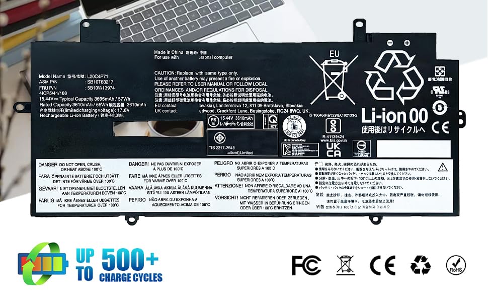 57Wh L20C4P71 L20M4P71 Laptop Battery Replacement for Lenovo ThinkPad X1 Carbon 10th Gen X1 9th Gen 9 2021 Yoga 6th 7th Gen 2022 Series 5B10W13974 SB10T83216 L20D4P71 L20L4P71 15.44V 3695mAh - size: 10.62*3.71*0.29 inch L20C4P71