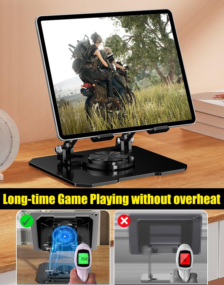 360° Rotating Desk Stand Holder with USB Cooler for iPad/Tablets | Carbon Steel Frame, Dual Rod Mount Support for iPad Pro 13 12 11 Air Mini 5 4 3 Samsung Tab E-Reader - color: Silver with built-in cooler