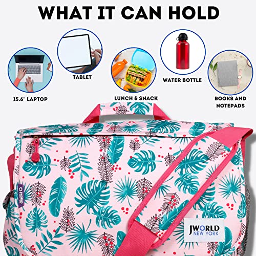 J World New York Thomas Laptop Messenger Bag for Women & Men. Kids Computer Bookbag - color: Palm Leaves