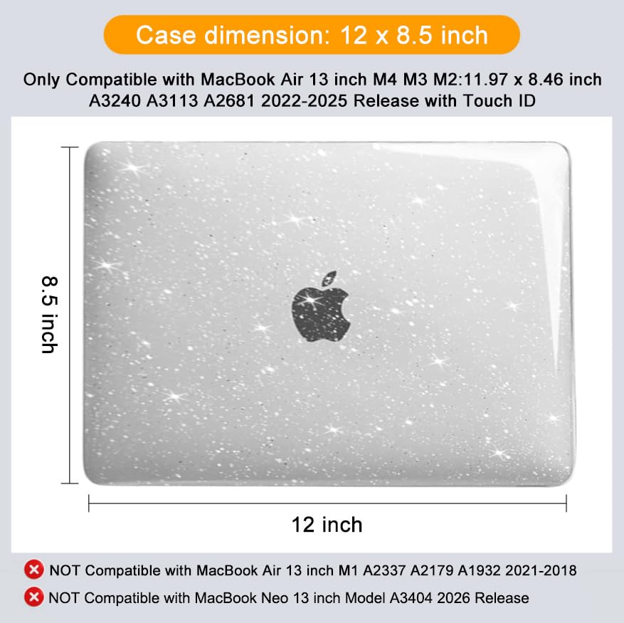 MOSISO Compatible with MacBook Air 13 inch Case M5 M4 M3 M2 2026-2022 | 4 in 1 Kit Bling Sparkly Hard Shell for MacBook Air 13.6 inch Case, Glitter Cover, A3449 A3240 A3113 A2681, Clear - color: Clear