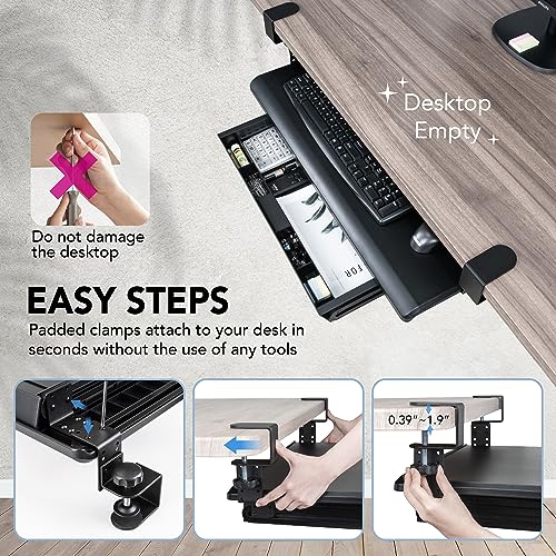 EHO Keyboard Tray with Drawer - Clamp On Under Desk Pull Out Extender Table Attachment Platform with Storage Organizer, Large 27.5" (31.8" Including Clamps) x 12.2", Height Adjustable for Home Office - size: 27.5 inch, style: keyboard tray platform with d