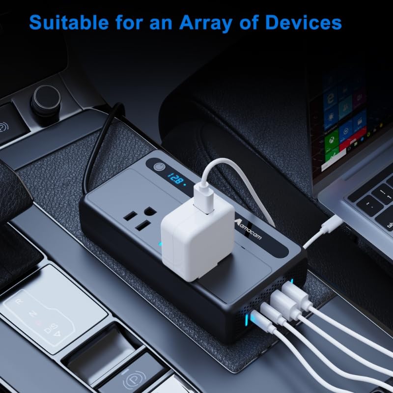 300W Continuous Inverter – 110V 12V/24V Input with 2 US Outlets 4 USB & Built-in 12V DC in Plug – 7-Port for Cars Vans RVs – Powers Laptops & Small Appliances