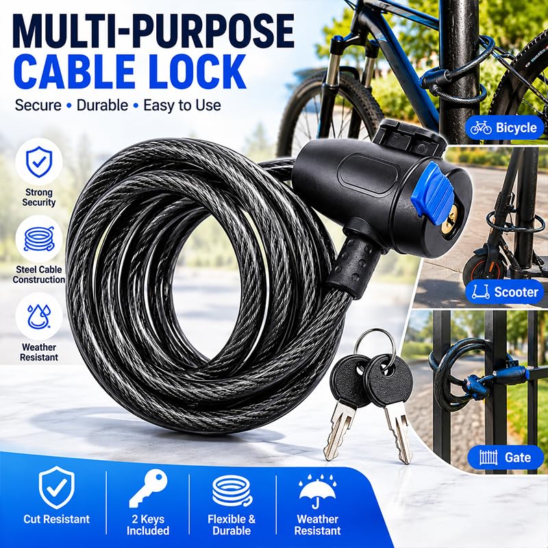 Bike Lock,Bike Cable Lock with Keys,Durable Steel,Coiled Steel Security Cable for Bicycle with Keys for Outdoor Equipment,Bicycles,Scooters,Fence