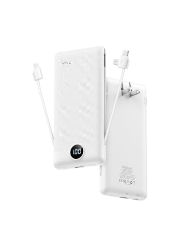 VRURC 3-in-1 Portable Charger, Built-in Cord & Foldable Wall AC Plug-White | 10000mAh Portable Power Bank, Travel Battery Pack for Smartphones, USB-C Emergency External Charger for Trip- (1 PACK)