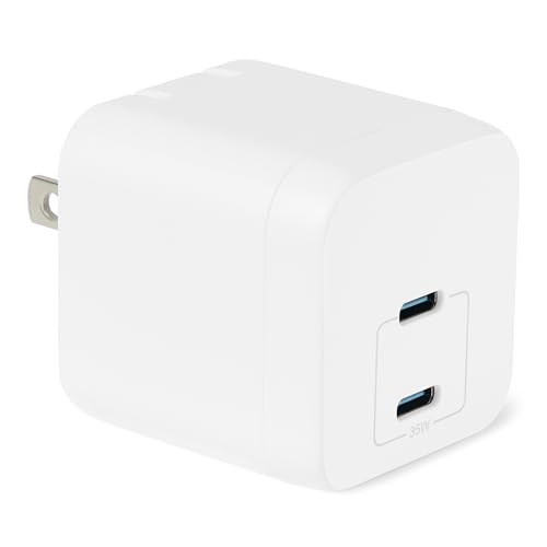 Amazon Basics 35W Fast Charging USB-C Nano GaN Wall Charger, 2-Port for Phones, Tablets, Charge 2 Devices Simultaneously, White - color: White, style: 35 W Two Port