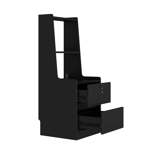 Modern Smart Nightstand with Night Light & Charging Station, Night Stand with Bookshelf, Lockable Bedside Cabinet Tables with 2 Storage Drawers for Bedroom Home Office - color: Black