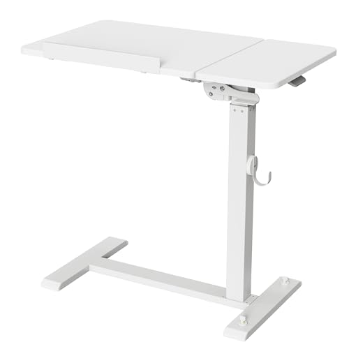 ETHU Foldable Overbed Table with Wheels, Rolling Laptop Standing Desk with Height Adjustable 26.77”-42.51” & Tilting Desktop, Mobile Work Desk for Bedside, Sofa and Home Office Use, White