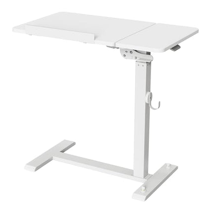 ETHU Foldable Overbed Table with Wheels, Rolling Laptop Standing Desk with Height Adjustable 26.77”-42.51” & Tilting Desktop, Mobile Work Desk for Bedside, Sofa and Home Office Use, White