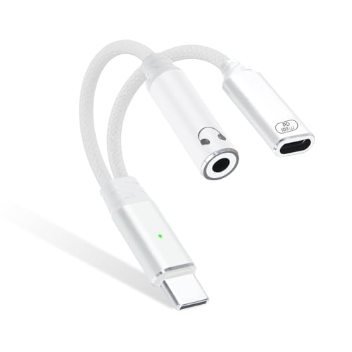 One-to-Two USB-C to 3.5mm Headphone/USB-C Charger Adapter with PD100W Fast Charging Cable, Compatible with iPhone 16/15 Pro Max, iPad, MacBook, Samsung Galaxy S25, S24, S23, Pixel Ultra, etc. (White) - color: white