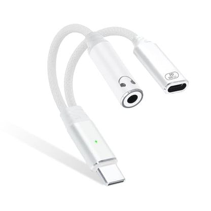 One-to-Two USB-C to 3.5mm Headphone/USB-C Charger Adapter with PD100W Fast Charging Cable, Compatible with iPhone 16/15 Pro Max, iPad, MacBook, Samsung Galaxy S25, S24, S23, Pixel Ultra, etc. (White) - color: white