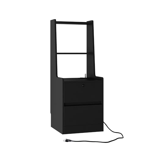 Modern Smart Nightstand with Night Light & Charging Station, Night Stand with Bookshelf, Lockable Bedside Cabinet Tables with 2 Storage Drawers for Bedroom Home Office - color: Black
