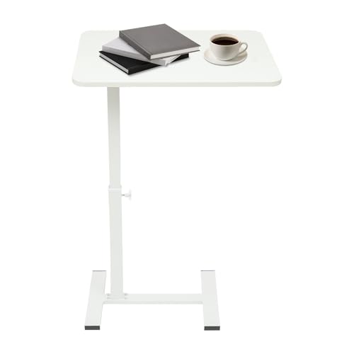 Overbed Table with Hidden Wheels, Bedside Table with Height Adjustable, H-Shaped Base, White Modern Rolling Table Tray & Laptop Cart for Laptop, Reading & Dining