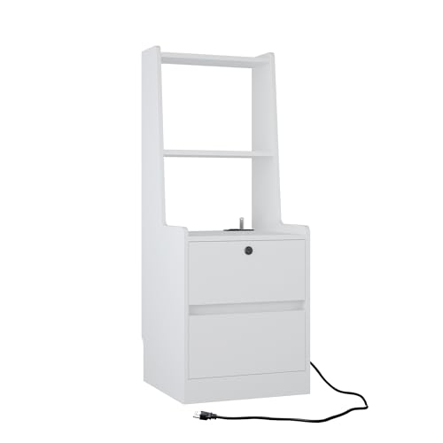 Set of 2 Modern Smart Nightstand with Night Light & Charging Station, Night Stand with Bookshelf, Lockable Bedside Cabinet Tables with 2 Storage Drawers for Bedroom Home Office - color: White-2pcs