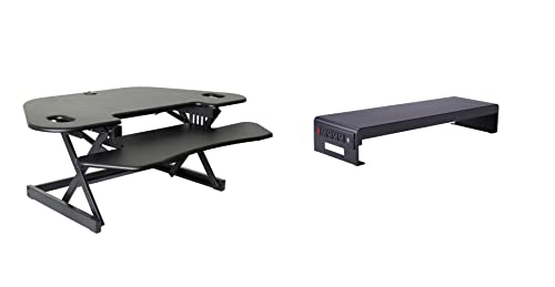Rocelco 46" Height Adjustable Corner Standing Desk Converter with Dual Monitor Stand Bundle - Quick Sit Stand Up Computer Workstation Riser - Extra Large Keyboard Tray - Black (R CADRB-46-DMS) - color: Black, style: Riser + Monitor Stand