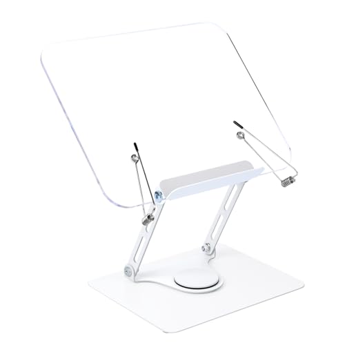 Honagu Book Stand for Reading, Adjustable Book Holder with 360 Degree Rotating Base & Page Clips, Hands Free Foldable Desktop Cookbook Stand for Sheet Music, Laptop, Recipe, Textbook (Acrylic)