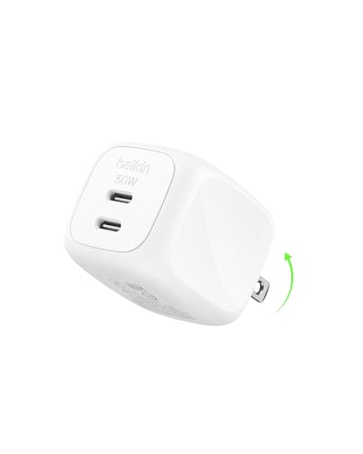 Belkin 2-Port USB C Charger Block 50W, Dual-Port GaN Charger w/ 2x USB C Ports, Fast Charging for MacBook, iPhone 17, iPad Pro, Chromebook, Galaxy S26 Ultra, Pixel 10, etc. - Travel Essentials - White - style: Single Pack