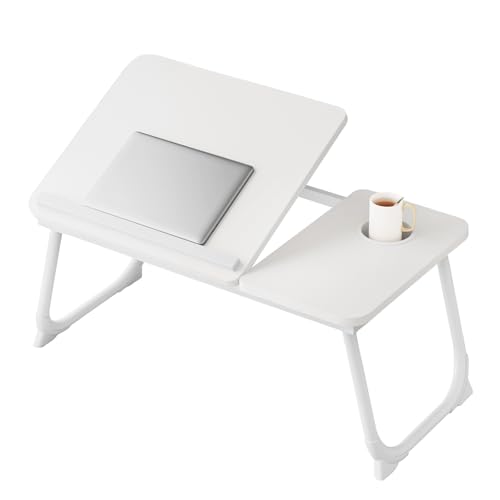 Laptop Desk for Bed, Adjustable Laptops Stand with 5 Angles | Portable Lap Tray Table with Cup Holder, Laptop Bed Desk Tray for Eating Working Writing Reading (White) - color: White