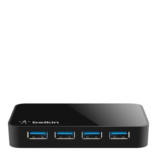 Belkin 4-Port USB 3.0 Hub – SuperSpeed Powered Station with 5 Gbps Data & Charging, Compact Desktop Adapter for Laptops, iPhone Chargers, Printers, Storage Devices – Black