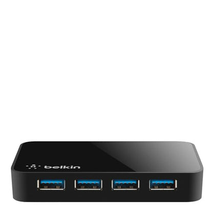 Belkin 4-Port USB 3.0 Hub – SuperSpeed Powered Station with 5 Gbps Data & Charging, Compact Desktop Adapter for Laptops, iPhone Chargers, Printers, Storage Devices – Black
