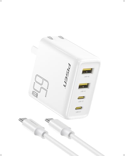 PISEN 65W USB C Fast Charger - 4FT USB-C Cable, 4-Port Compact Foldable GaN Charger, PPS for MacBook Pro/Air, iPad Pro, Galaxy S23, iPhone Series