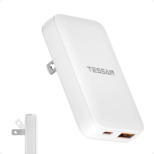 Flat Wall Charger USB C PD 65W, TESSAN Flat USB Wall Plug Foldable, Outlet Adapter Fast Charging Block, Ultra Slim Charger Compatible with iPhone 17/16/15 Series and Samsung Galaxy Models, Travel - size: USB-A & USB-C, PD65W