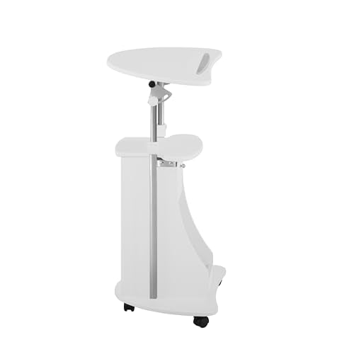 Techni Mobili Adjustable Height Rolling Laptop Cart with Storage, White | Adjustable height rolling laptop cart with storage, open shelf, wheels, sit‑to‑stand ideal for podium office medical use - color: White
