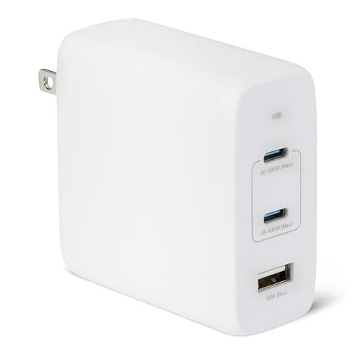 Amazon Basics 120W Fast Charging USB-C Nano GaN Wall Charger, 3-Port for Laptops, Tablets, Phones, Compact Travel-Friendly Size, White - color: White, style: 120 W Multi Port