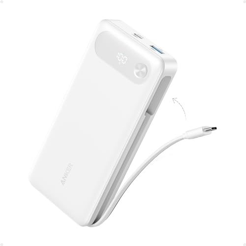 Anker Power Bank, 20,000mAh Travel Essential Portable Charger with Built-in USB-C Cable, 3-Port 87W Max Fast Charging Battery Pack, for MacBook, iPhone 16/15 Series, Samsung, Switch, and More - color: White