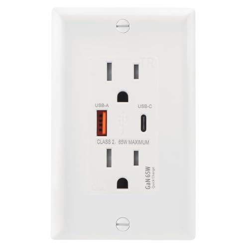 PD 65W GaN USB C Wall Outlet, 15 Amp Tamper-Resistant Receptacle with 65W Power Delivery & 18W QC 3.0, in-Wall Charger Compatible with Laptops, Tablets and Smartphones, UL Listed, White