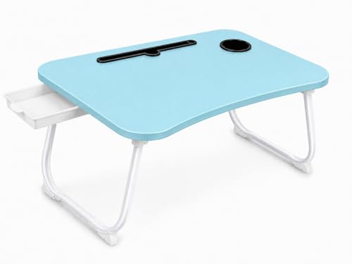 Multi-Feature Lap Desk with Cup Holder Tablet Slot and Storage Drawer - Portable Foldable Laptop Table for Bed Sofa and Floor - Metal Folding Legs 4 Colors - color: Blue