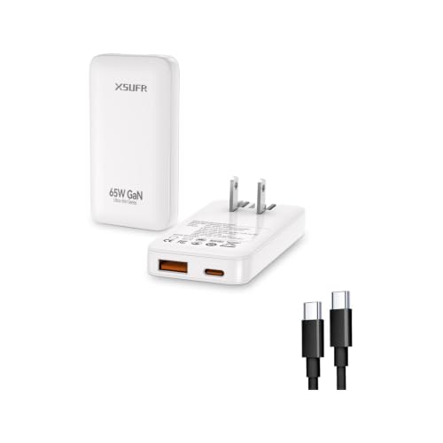 65W Flat USB C Wall Charger,2 Port Ultra-Slim USB C GaN Charger with Foldable Plug for MacBook, iPhone 16/15/14/13/12/11/Pro Max/XS/XR,Galaxy S24/S23/Note20,Includes 2.28ft Fast Charging Cable,White - color: White-Cable