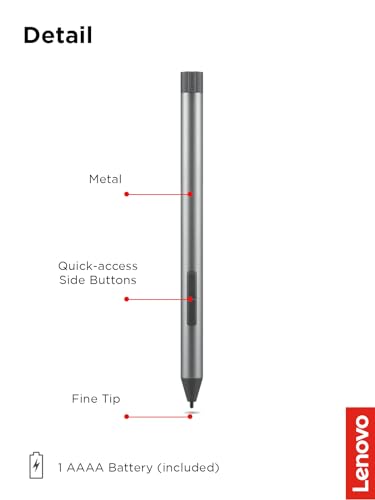 Lenovo Digital Pen 2 (Laptop) - Ultra-Tactile Response - 4,096 Levels of Pressure - Natural Feel Elastometer Pen Tip - Extended Battery Life - Silver, Grey - style: Digital Pen 2