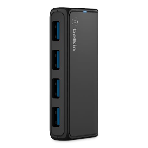Belkin 4-Port USB 3.0 Hub – SuperSpeed Powered Station with 5 Gbps Data & Charging, Compact Desktop Adapter for Laptops, iPhone Chargers, Printers, Storage Devices – Black