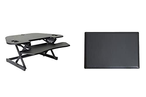 Rocelco 46" Height Adjustable Corner Standing Desk Converter with AC Outlet USB Charger and Anti-Fatigue Floor Mat - Sit Stand Up Tabletop Riser - Keyboard Tray - Black (R CADRB-46-ACUSB-MAFM) - color: Black+acusb, style: Riser + Floor Mat
