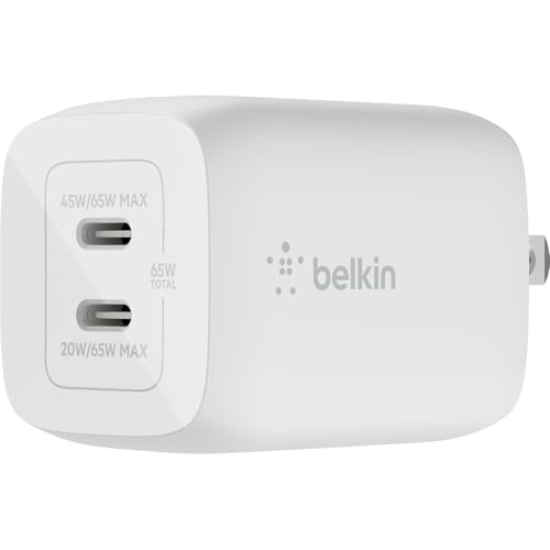 Belkin 65W Dual GaN USB C Charger Block, Fast Charging for Travel | PD 3.0 Fast Charging, Samsung Galaxy S26, iPhone 17, Air, Pro, Pro Max, iPad, MacBook, AirPods - style: 65W White