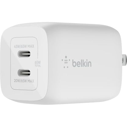 Belkin 65W Dual GaN USB C Charger Block, Fast Charging for Travel | PD 3.0 Fast Charging, Samsung Galaxy S26, iPhone 17, Air, Pro, Pro Max, iPad, MacBook, AirPods - style: 65W White