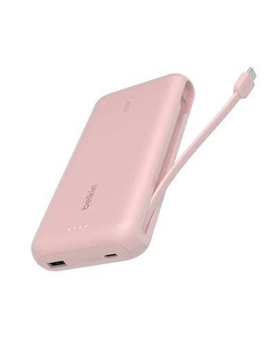 Belkin 20000mAh 30W USB C Power Bank, Portable Charger for iPhone & iPad | Fast Charging, Integrated USB C Cable, Eatra USB C Port, iPhone 17, iPad, Samsung Galaxy S26, Charge 2 Devices - color: Pink, style: 20K mAh