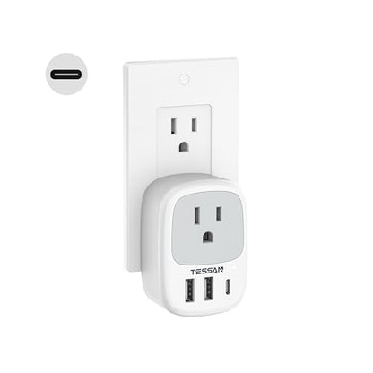 TESSAN Wall Charger Block 3 USB Charging Ports 1 USB C 1 AC Outlet Splitter | 1875W Wall Outlet Extender, Multi Plug Adapter for Cruise, Home, Office, Dorm Room Essentials, Grey