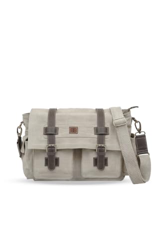 Easton Crossbody Messenger Bag | Denim Canvas Laptop Bag with Leather Accents | Multi Pocket Shoulder Bag - color: Fade Beige