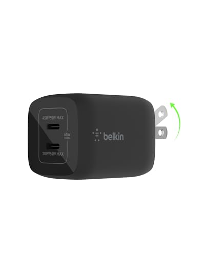 Belkin 65W Dual GaN USB C Charger Block, Fast Charging for Travel | PD 3.0 Fast Charging, Samsung Galaxy S26, iPhone 17, Air, Pro, Pro Max, iPad, MacBook, AirPods - style: 65W Black
