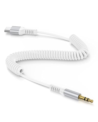Aux to USB C, Coiled Auxiliary to USB C for iPhone 17 16, Aux Cable for Car | Retractable 6FT Hi-Fi Type C to 3.5mm Aux Cable for Headphones&Speakers, for iPhone 17 Pro, Galaxy S26 S25 Ultra, Pixel 10 9 - color: White
