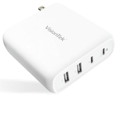 VisionTek 100W 4-Port USB-C Wall Charger, GaN Fast Charge, Foldable Plug | USB-C/USB-A PD Safe Fast Charging, GaN, Compact & Foldable Design, Travel Adapter, Universal Power Laptops, Tablets, Phones