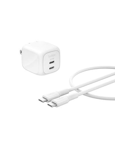 Belkin 2-Port USB C Charger Block 50W, Dual-Port GaN Charger w/ 2X USB C Ports & Included 1M C-C Cable, Fast Charging for MacBook, iPhone, iPad, Chromebook, Galaxy, Pixel - Travel Essentials - White - style: Single Pack + USB-C Cable